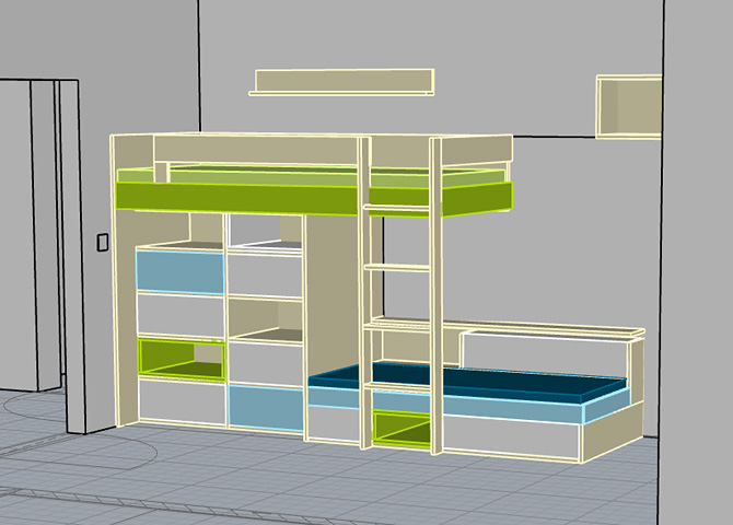 Návrh dětského pokoje - 3d model © Katka Horáková, www.DesignVille.cz